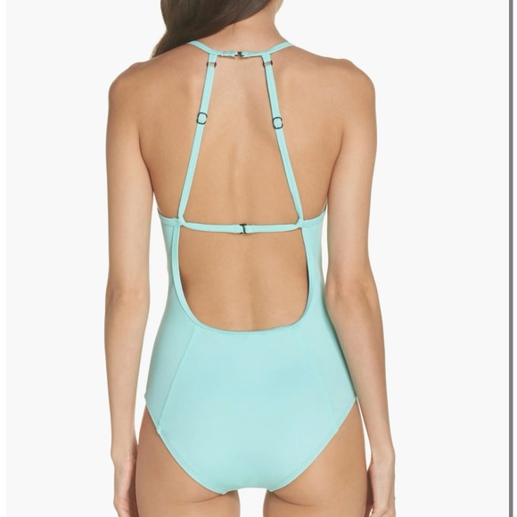 Zella Teal One Piece Swimsuit Small High Neck Crossback Athletic Shelf Bra - Picture 2 of 15